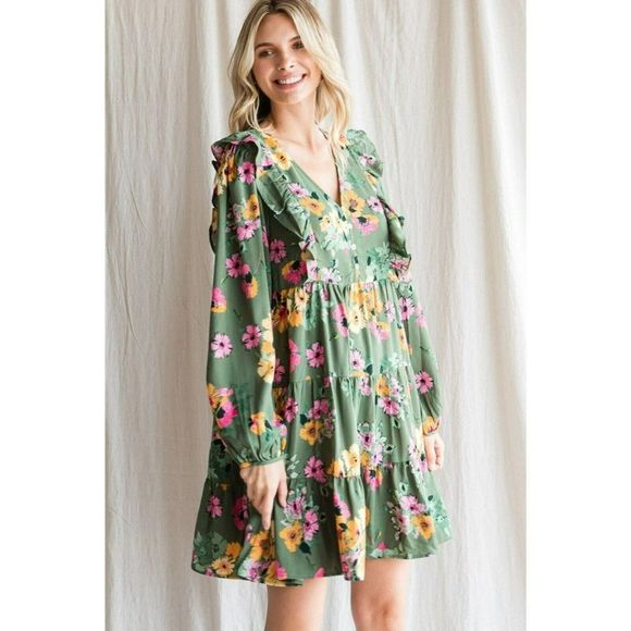 JODIFL Emerald Green Floral Print Dress Buttons Ruffled Fall New S-L H20347 - Picture 3 of 6